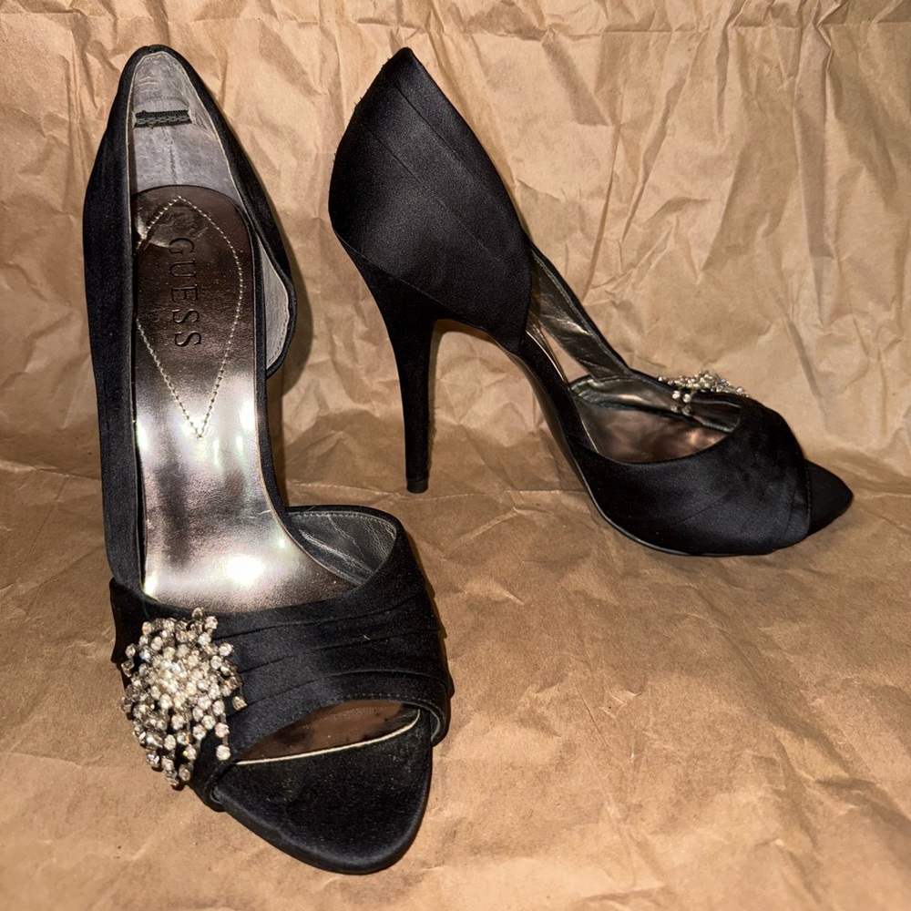 Guess Black Satin Embellished Heels